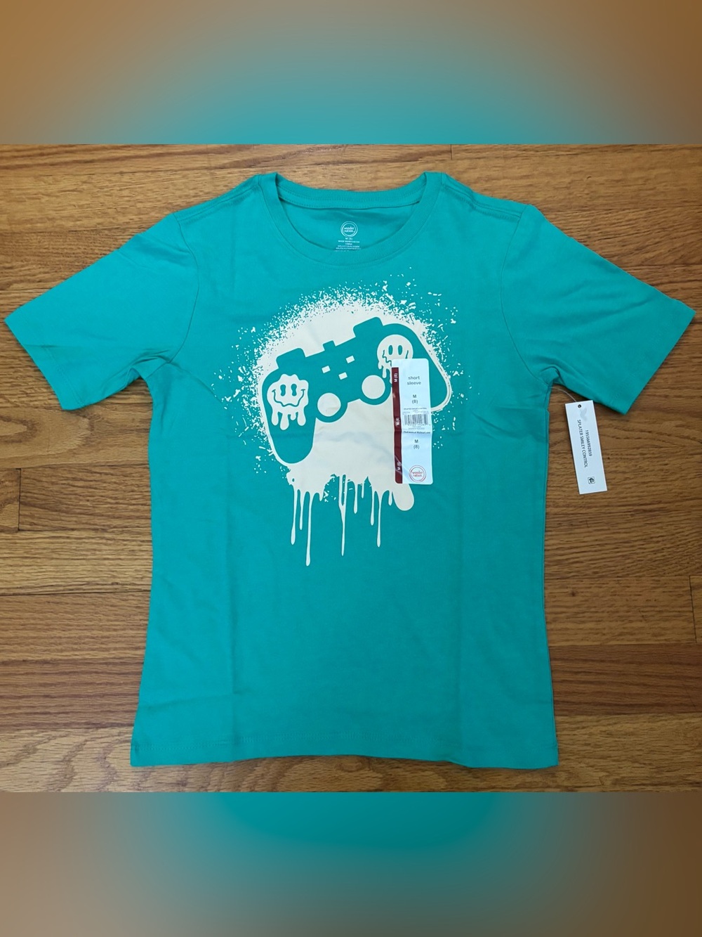 Wonder Nation Tee Boys M (8) Teal Splatter Smiley Controller T-Shirt Gaming